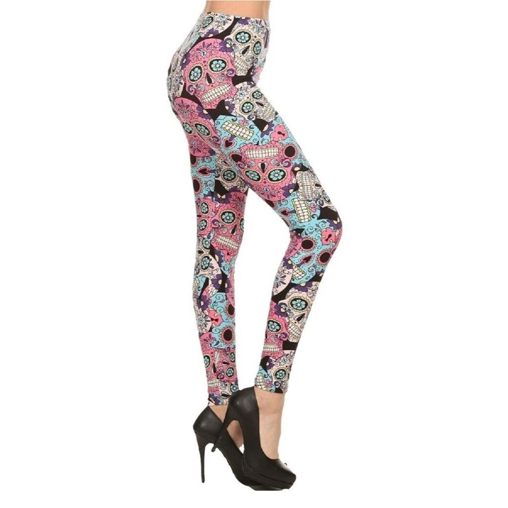 Plus Size Womens Buttery Soft Floral Petal Sugar Skull‎ Leggings